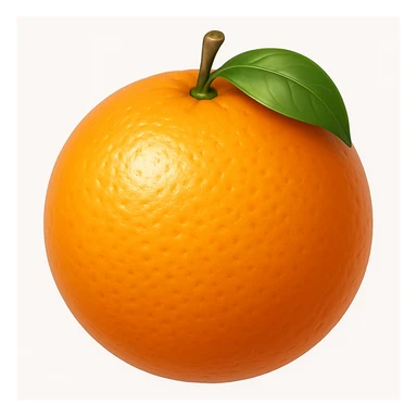 Create an orange fruit emoji in iOS emoji style, 3D, shiny, with smooth gradients, soft shadows, and realistic orange texture. The emoji should not have a face and should resemble the reference image. Add a glossy effect to the surface of the orange. sticker