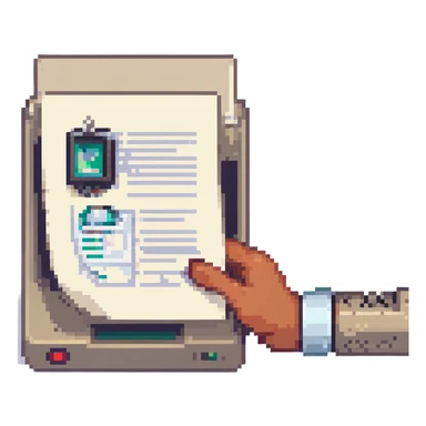 pixel art style hand holding a document in front of a scanner sticker