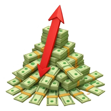a pile of money with red arrow up sticker