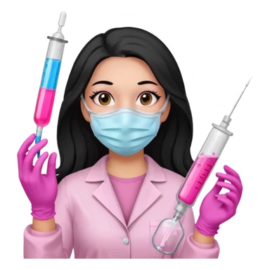 laboratorista con guantes rosa y mascarilla rosa  jeringa tubo laboratorio sin lentes  y  ojos negro cabello largo negro sticker