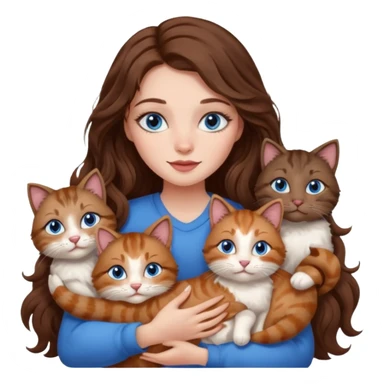 girl with long wavy brown hair, blue eyes, long lashes makeup, cuddling with 6 cats sticker