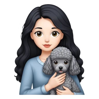 A girl with long black hair holding a gray poodle sticker