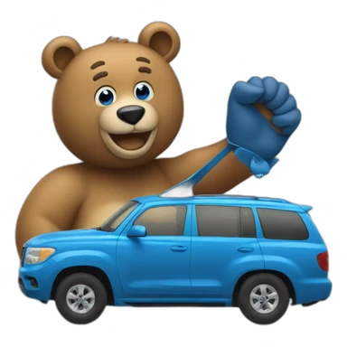 Blue Color work Car with the Bear in his Left Hand and the Big Smile in Face sticker