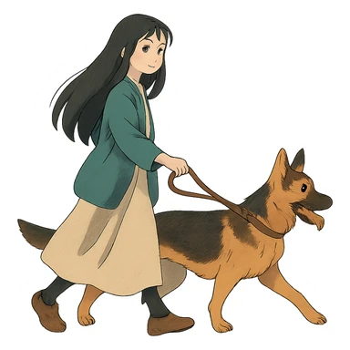 ghibli style girl with long black hair walking a German Shepherd sticker
