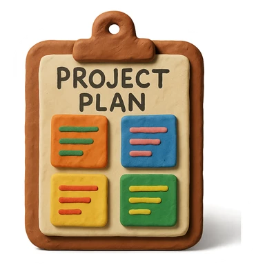 claymation style project plan with clay clipboard and colorful notes sticker