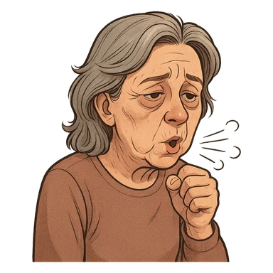60 year old woman with bags under her eyes, coughing, realistic cartoon style sticker