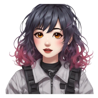 Gorgeous pastel bright iridescent techwear anime style lady with blushing face aesthetic and pretty edgy black red white punk messy hair with collar and harness trending style sticker