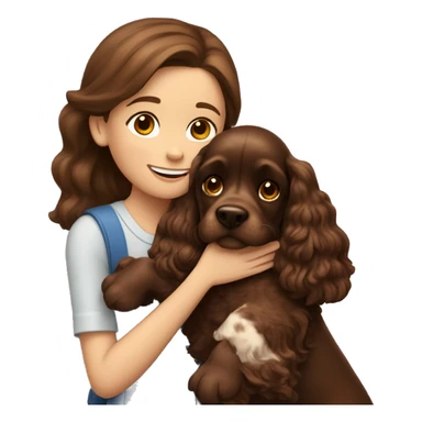 A 10-year-old girl with brown hair is hugging a chocolate cocker spaniel. sticker
