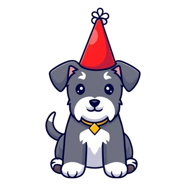A schnauzer dog wearing a colorful birthday hat sticker