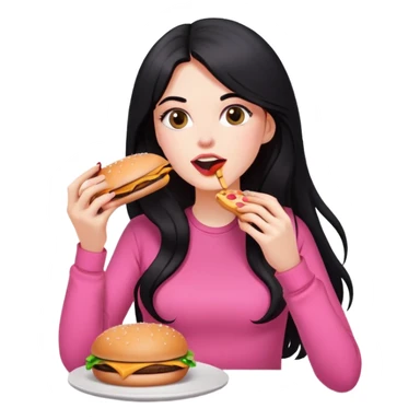 White girl in pink clothes and long black hair eating burger and pizza sticker