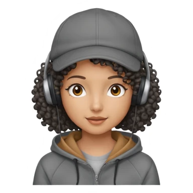 curly haired with headphones in and hoddie girls with cap sticker