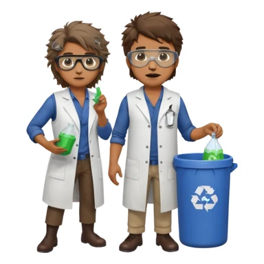 an woman otter disguised as a man picking up trash bins, next to a mad scientist sticker