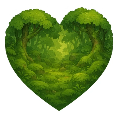 heart with a lush mossy woodland, clean digital illustration, no background sticker