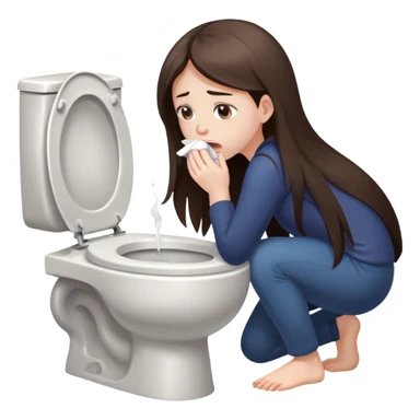 girl with long dark brown hair and pale skin vomits into a toilet sticker