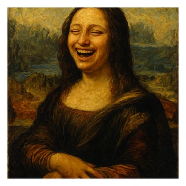 Mona Lisa in an oil painting style, joyful and laughing expression, rich textures and brushstrokes sticker