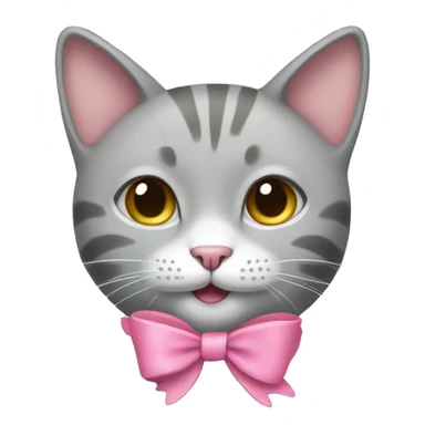 A light grey cat with a pink bow smiling sticker