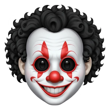 generate white clown mask emoji with a big curly black hair 

wide black coloured smile, no red nose but instead long and pointy white nose with no nostrils, pitch black eyes with no pupils, no brows sticker