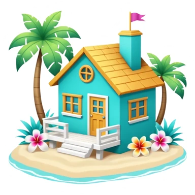 cute beach house, turquoise and white, colorful details, tropical flowers, 3D cartoon, mobile game icon style, clean background, no text, no watermark
 sticker