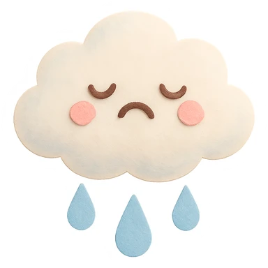 Regenerate the image as a soft pastel fluffy white cloud crying gentle blue raindrops, no arms, no legs, full body, with soft pastel kawaii paper craft style texture and cute look, transparent background. sticker
