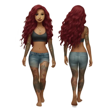 Beautiful tattooed  burgundy long haired woman walking on the beach sticker