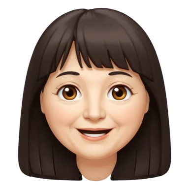 60 yr old woman, long hair down back, very small brown eyes, long hair, straight dark brown hair, bangs, chubby, long face, very tired but happy sticker