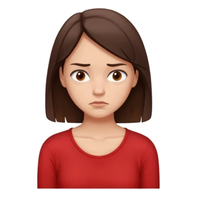 "Cartoon emoji of a young brunette woman with fair-medium skin, brown eyes, wearing a simple red top. Portrait mode, slouched, looking down, overthinking and insecure. Small frown, worried eyes. Smooth, friendly, stylized, Mary Jane–like appearance." sticker