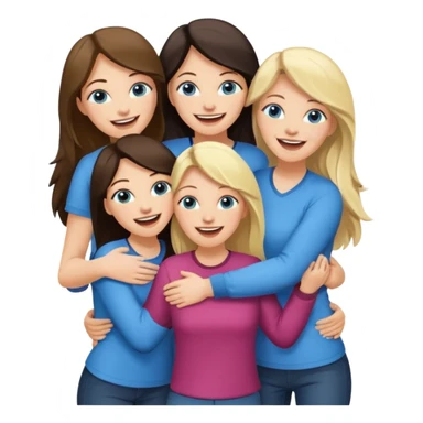 four adult white women laughing and hugging.  Two have long dark brown hair.  Two have blonde hair and blue eyes. sticker