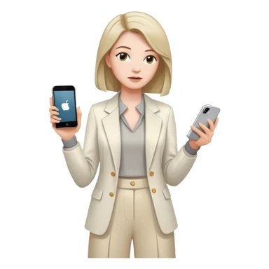 pale skin woman with dark blonde Straightened bob Hair, White Spacious classical jacket, beige palazzo Arrow pants and gray blouse holding white IPhone 14 pro in the hands sticker