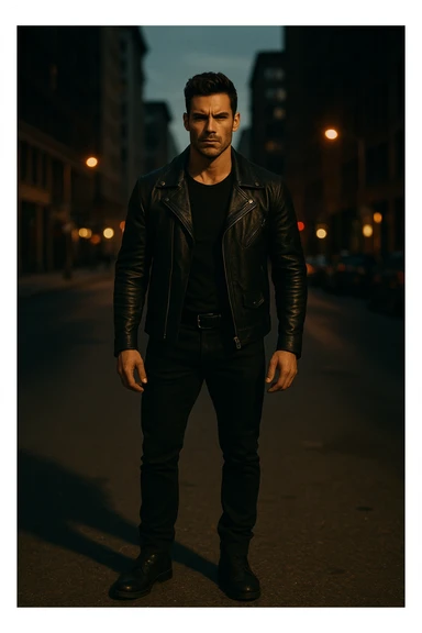 A confident, strong man standing in the middle of a city street at dusk, wearing a black leather jacket and boots, sharp jawline, intense gaze. Radiating masculine energy. Cinematic lighting, moody urban background, dramatic shadows, shallow depth of field. 35mm film style sticker