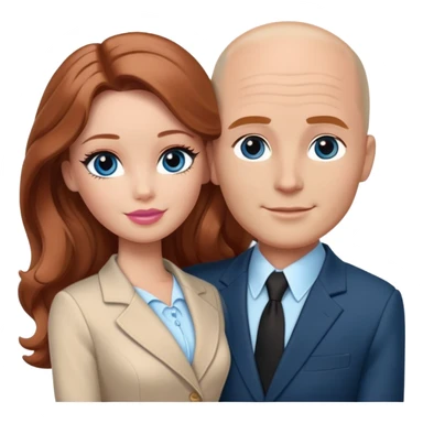 Barbie girl  , eyes blue , Chestnut red long wavy hair In pale beige clothes, Hugs a man with light brown hair bald, brown eyes , and a black suit sticker