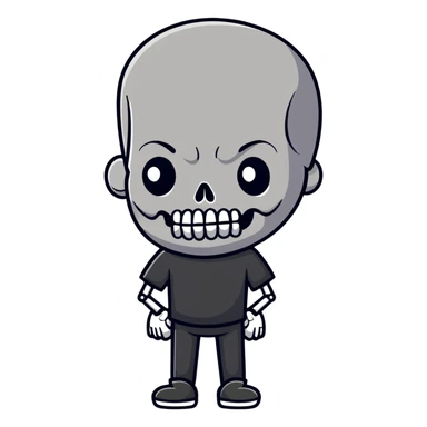 man with oval-shaped flat-top head wearing a black shirt with a gray skull on the front sticker