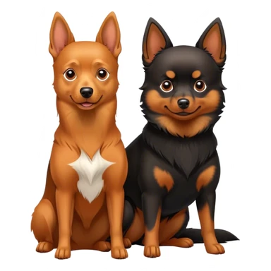 Doberman Pinscher and Pomeranian Spitz standing side by side. The Doberman has a sleek black and tan coat with alert ears, while the Pomeranian has a fluffy orange coat and a joyful expression. Beautiful natural background, with a clear blue sky and green grass. Transparent background. sticker