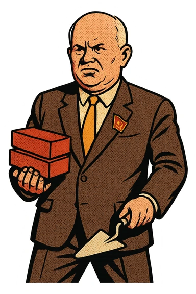 The full body of soviet leader Khrushchev with a communist badge on his suit holding building materials such as bricks and trowels, he is looking determined. sticker