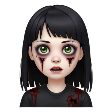 uma garota gotica zumbi no formato Memoji da apple com o cabelo cumprido, preto liso e com franja, blusa preta, olhos pretos  sticker