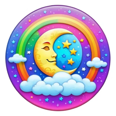 Beveled button with Neon rainbow colored damask style full moon with stars and clouds in the center sticker