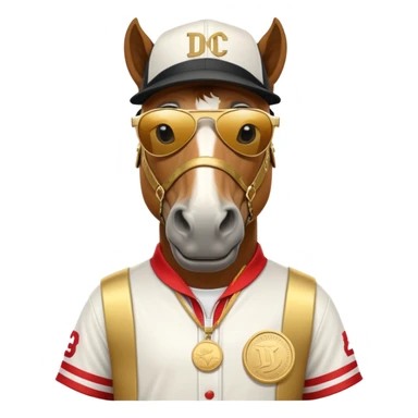 friendly anthropomorphised horse in RUN DMC style outfit, gold medal, baseball hat, sunglasses sticker