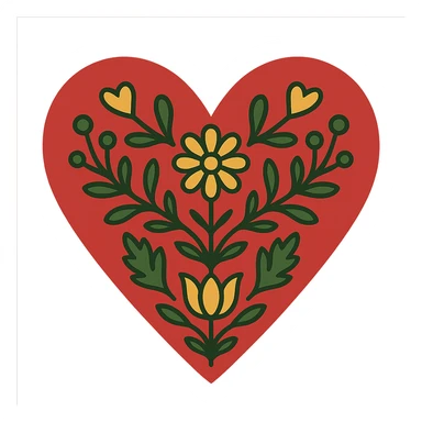 Red heart with Scandinavian folk art, minimalist nature motif, clean lines, simple floral elements, inspired by Swedish Dala painting, with transparent background. sticker