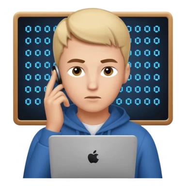 young programmer, thinking, with code symbols sticker