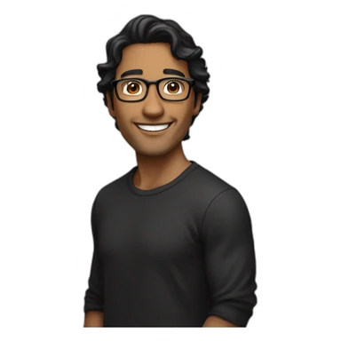 Caramel smiling man, dark brown eyes, black long wavy hair, no facial hair, thin and long nose, round glasses, black t shirt sticker