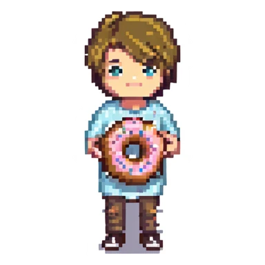 pixel art of Justin Bieber holding a donut sticker