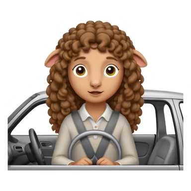a sheep with long brown curly hair and brown eyes on a grey car sticker