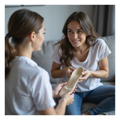 realistic 4K woman consulting physiotherapist, showing insole hopeful, then explaining with gestures that benefit is temporary sticker
