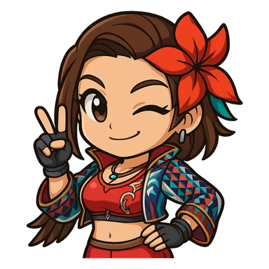 Azucena from Tekken 8 in chibi sticker style, winking and giving a peace sign, wearing the detailed red and patterned outfit from the reference images, designed for Twitch emote use. sticker