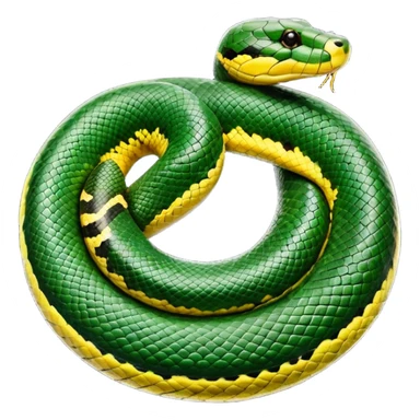 A photo-realistic top-down view of a Green Anaconda tightly coiled in a spiral, with its broad, flat head resting at the center. Its thick, muscular body is olive-green and covered in symmetrical, bold black oval spots that stand out against its smooth scales, creating striking natural camouflage. sticker