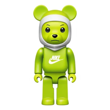 classic bearbrick toy with squared head, wearing a bright lime balaclava with Nike swoosh logo on it, pronounced eyebrows, blocky bear design sticker