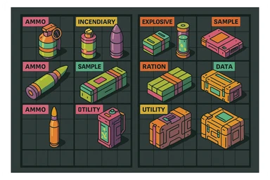a virtual display, a gray grid with darker gray cells, each cell containing an item viewed in isometric minimalism render The cells have pastel neon colored labels in their upper corner, indicating various traits of the items. retrofuturism, circa 2880's.
The items are scientific and military in nature - varieties of munitions, scientific samples, rations, data storage, utilities. There are two arrays of grids, one left, one right. Each array has a few empty spaces at the bottom. "graphic realism." brutalism. the items are adorned in bright colors, neon-safety, early 90's pallete sticker