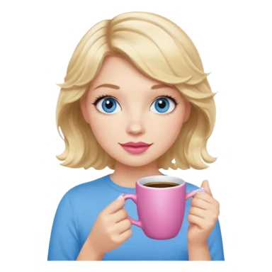 Girl Blonde short wavy hair,  blue eyes, cute blue top, long lashes, pink lips, holding coffee mug sticker