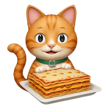Garfield the cat, smiling, holding a lasagna sticker
