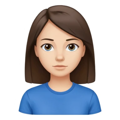 young brunette brawn-eyed woman with straight hair with a blue t-shirt with  sticker