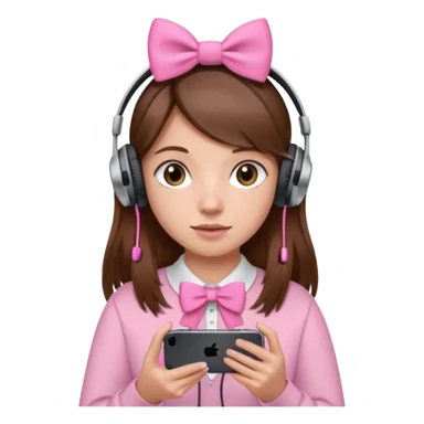 Girl with brown hair and a pink bow with headphones and a iPhone 13 Pro sticker
